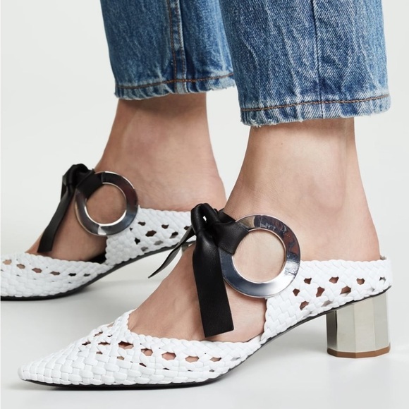 Proenza Schouler Woven Leather Mules Pointed Toe Silver Heel Black Bow - Picture 1 of 9